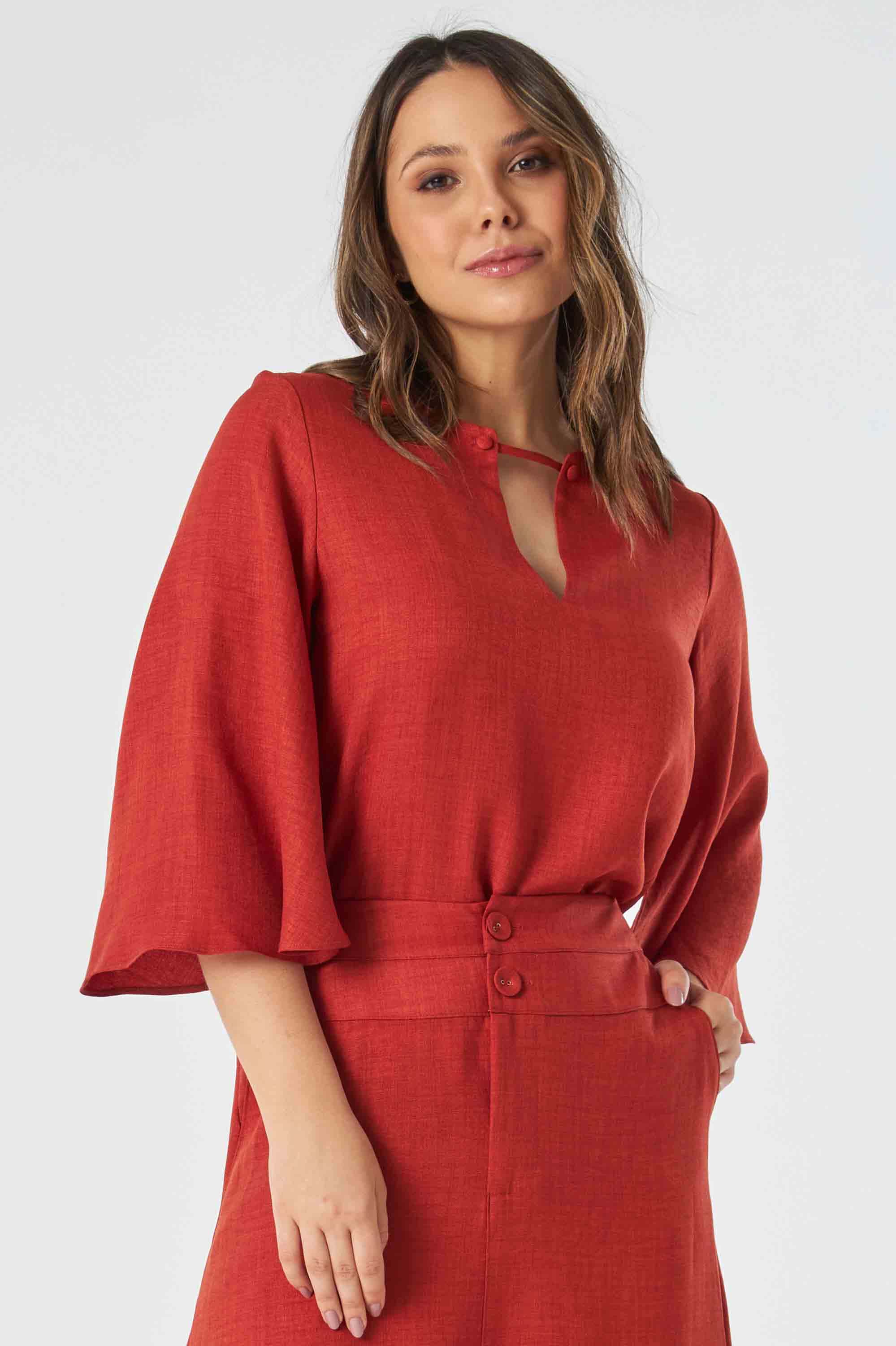 Blusa Social Feminina PKS Manga 7/8 Terracota