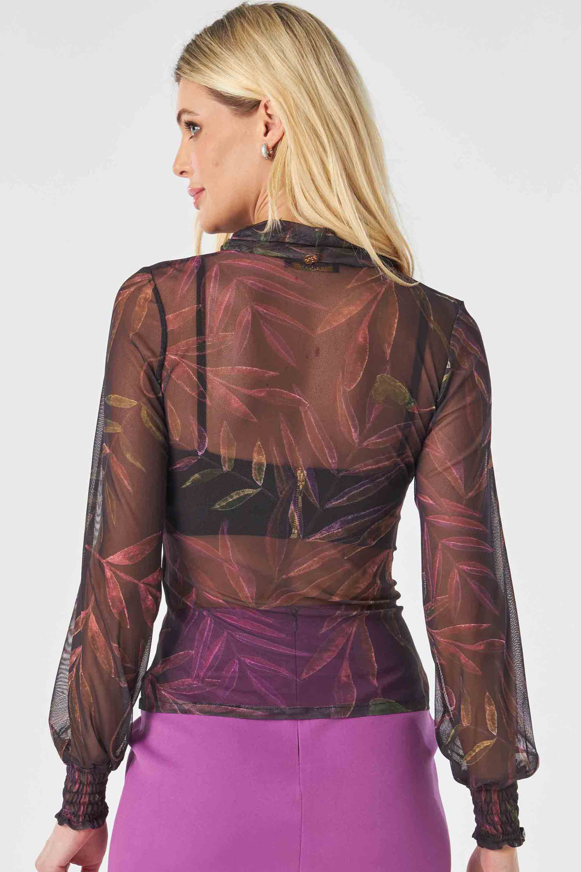 Blusa Manga Longa Tule Gola Alta Estampada Preta