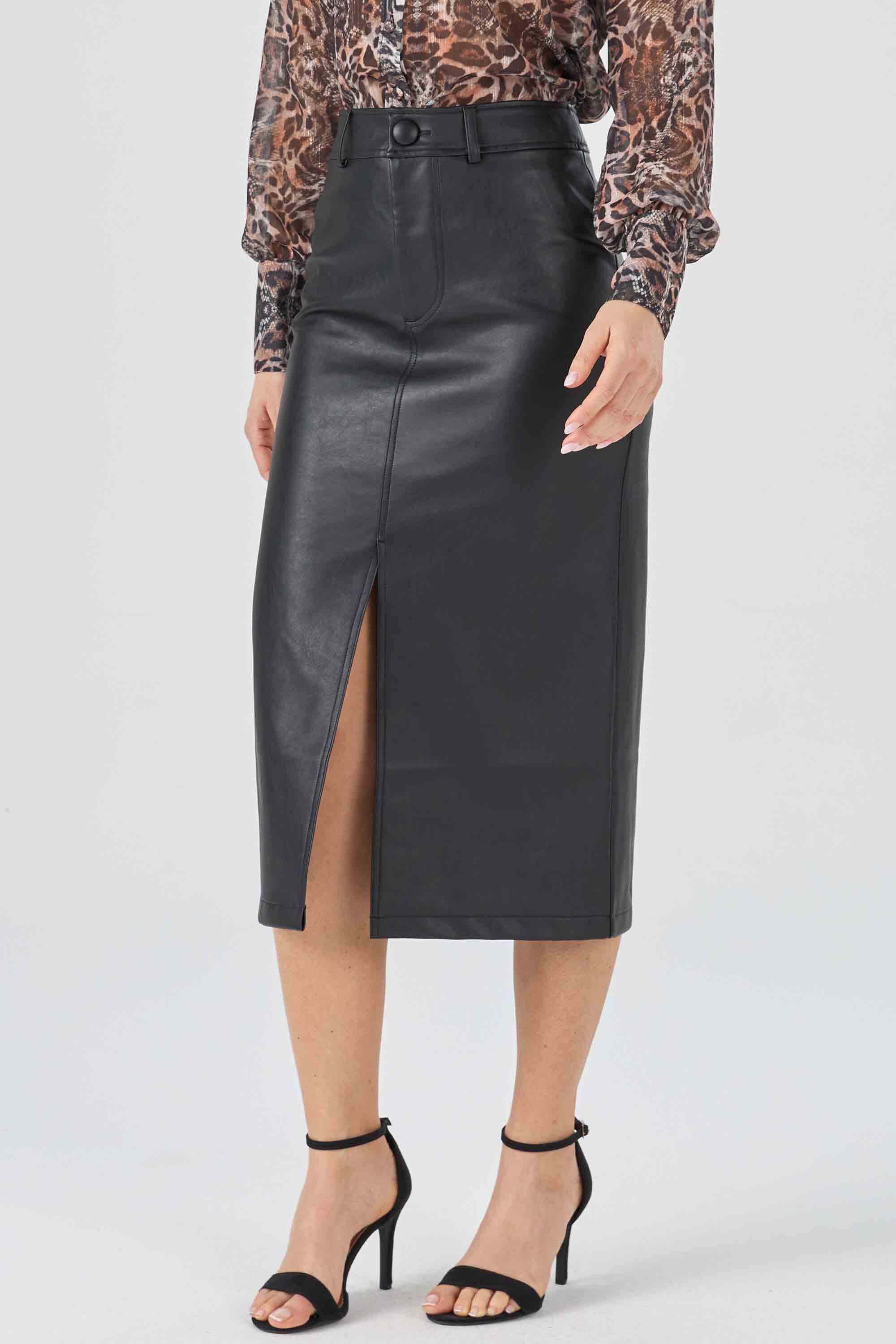 Saia Midi Casual Moderna Cintura Alta Couro Sintético Preta