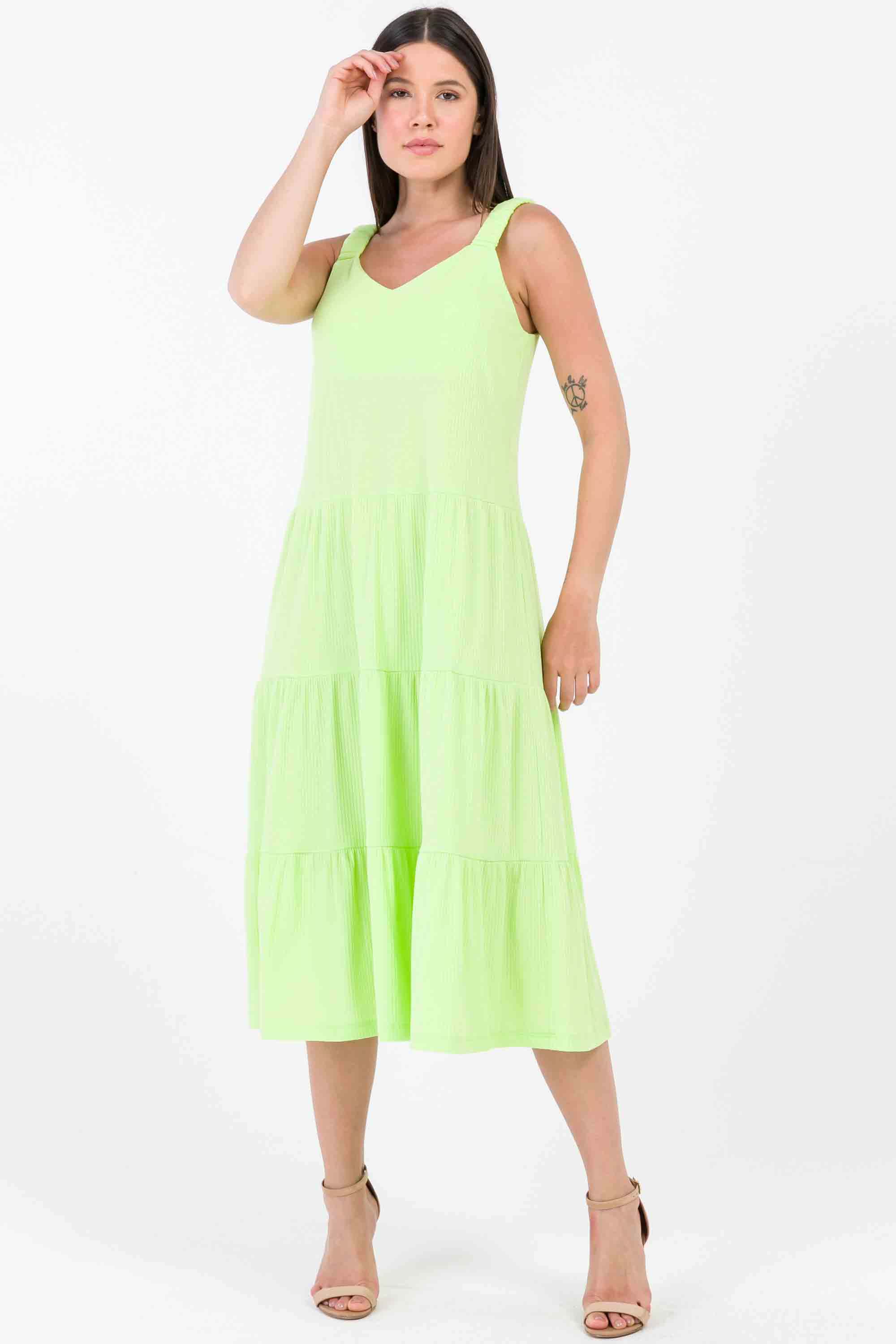 Vestido Midi Malha Canelada Alça Larga Saia Com Três Marias PKS