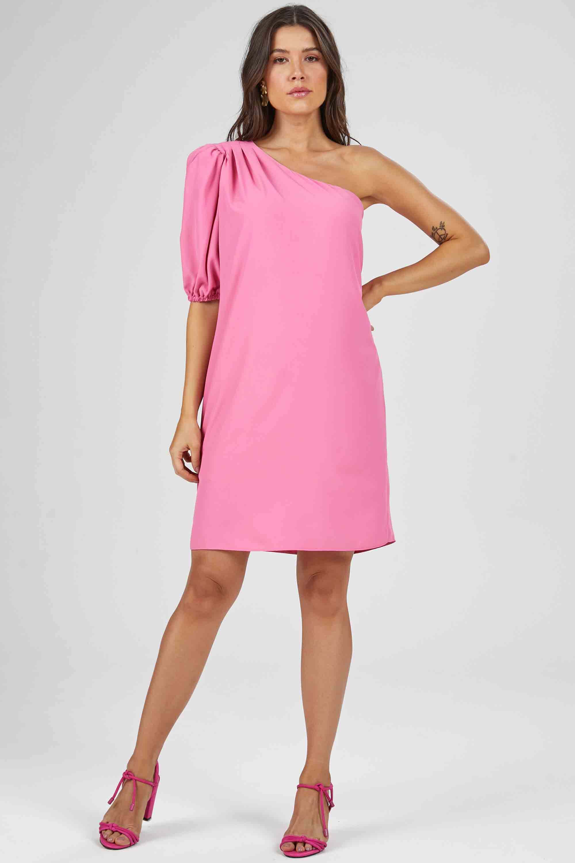 Vestido curto decote um ombro só rosa PKS
