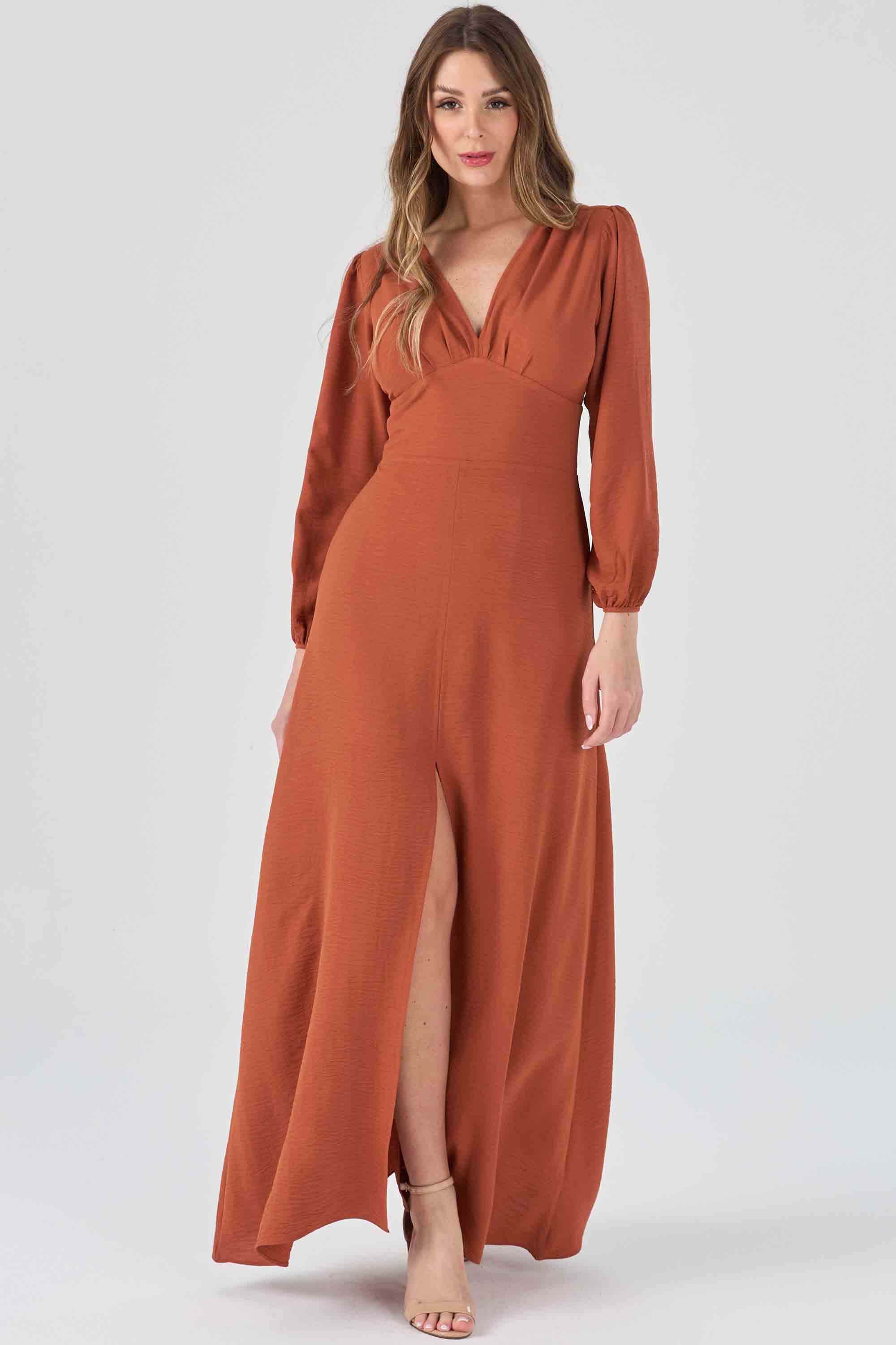 Vestido Longo Casual Elegante Manga Longa Com Fenda Terracota