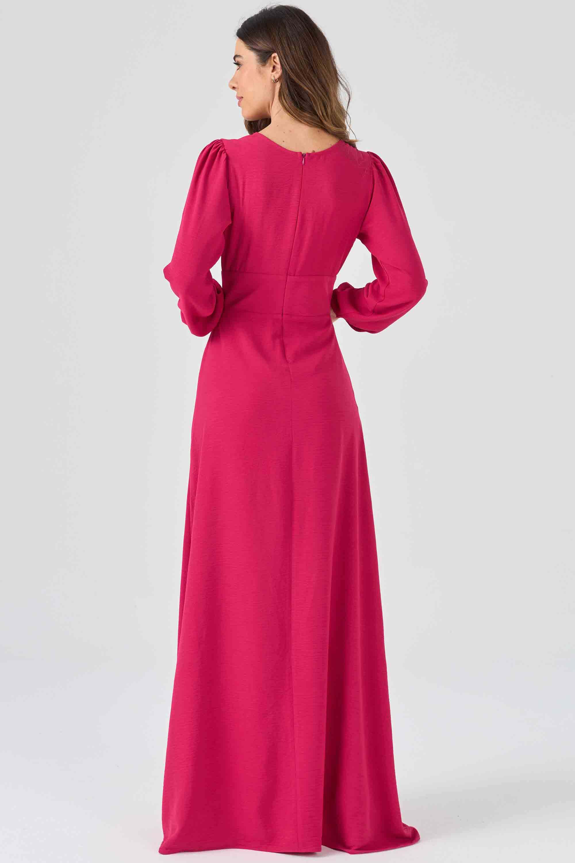 Vestido Longo Casual Elegante Manga Longa Com Fenda Rosa Pink