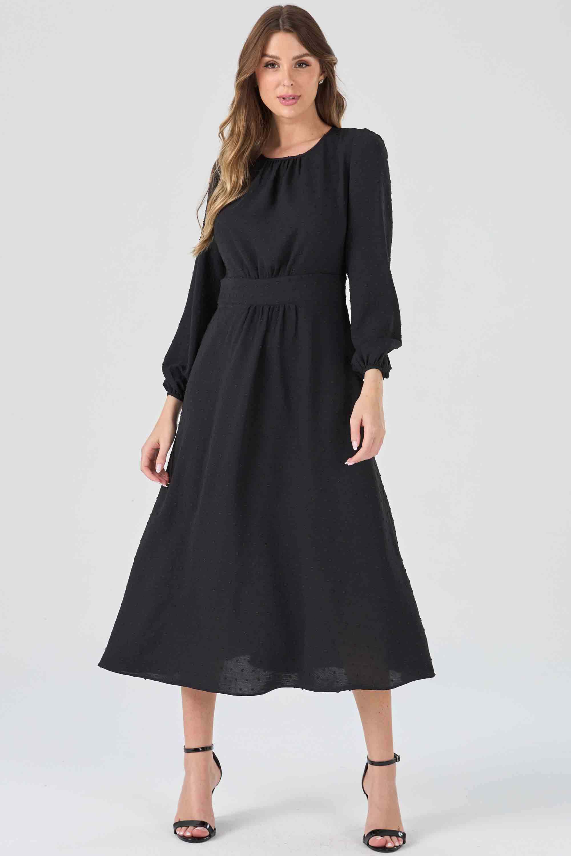 Vestido Midi Casual Manga Longa Tecido Leve Poá Soltinho Preto