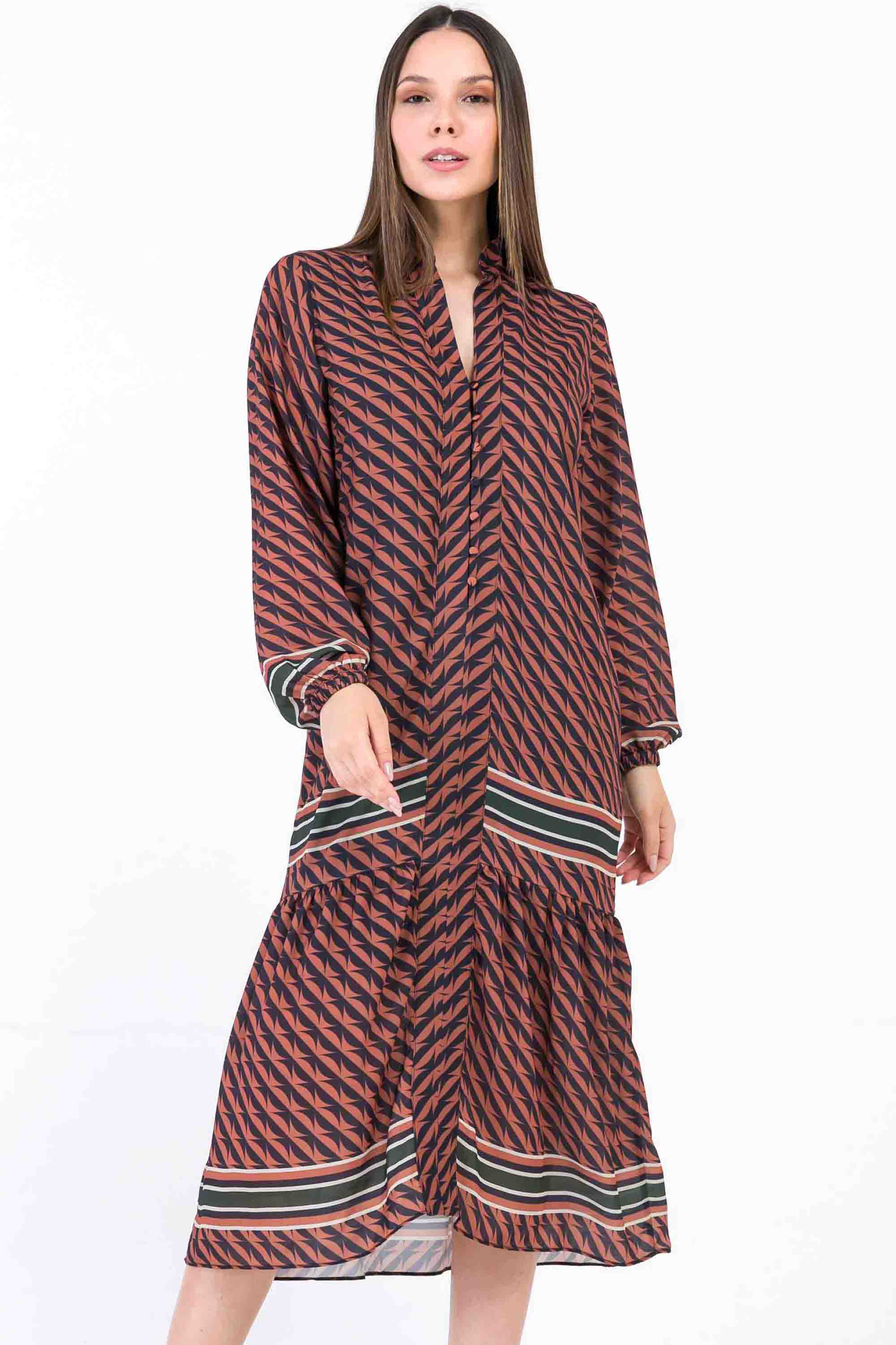 Estampa Geom Vestido De TricÃ´ Midi Vestido Midi Soltinho Manga