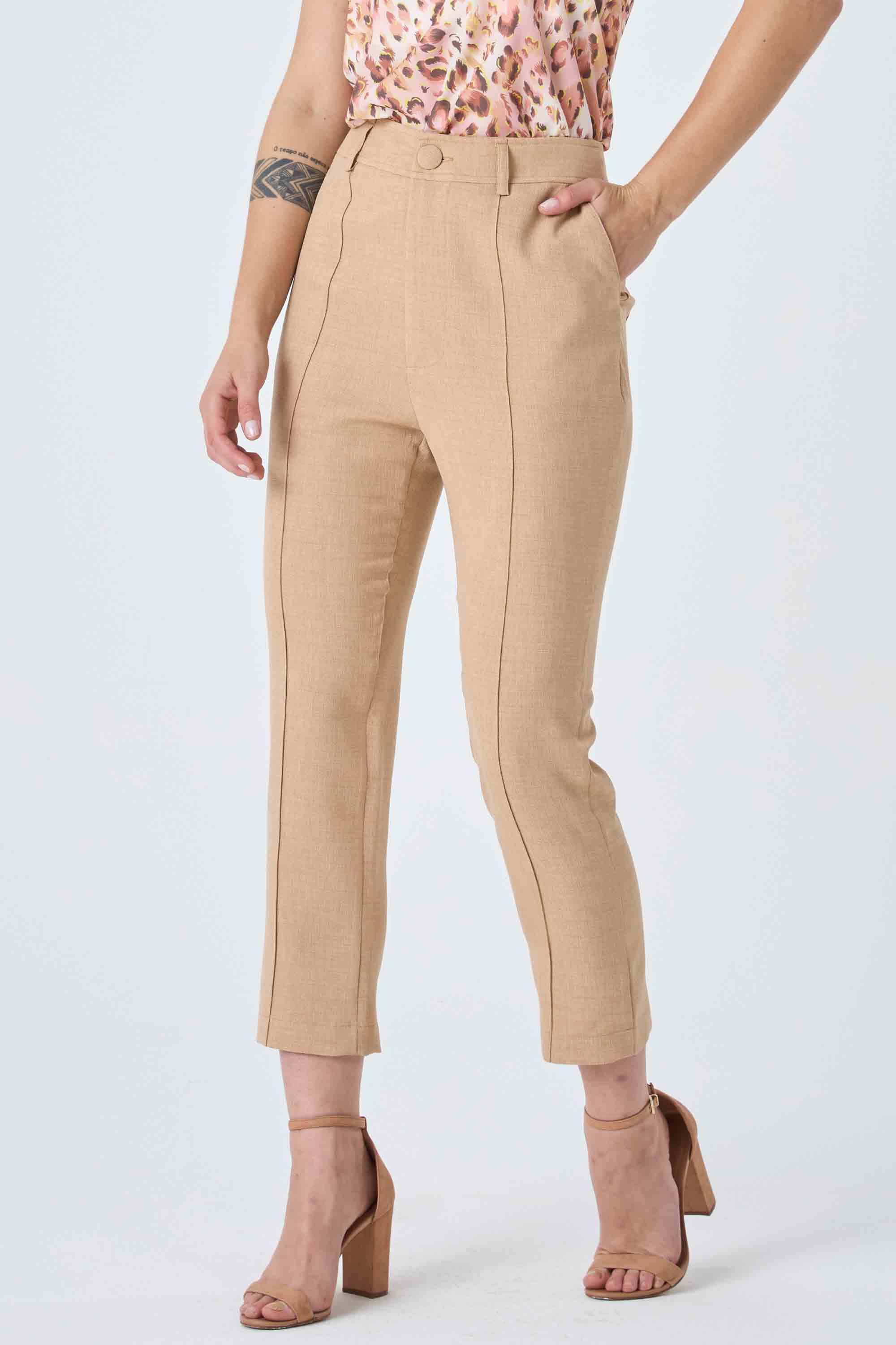 Bege Feminina CalÃ§a Bege Social CalÃ§a Capri De Linho Calça Capri