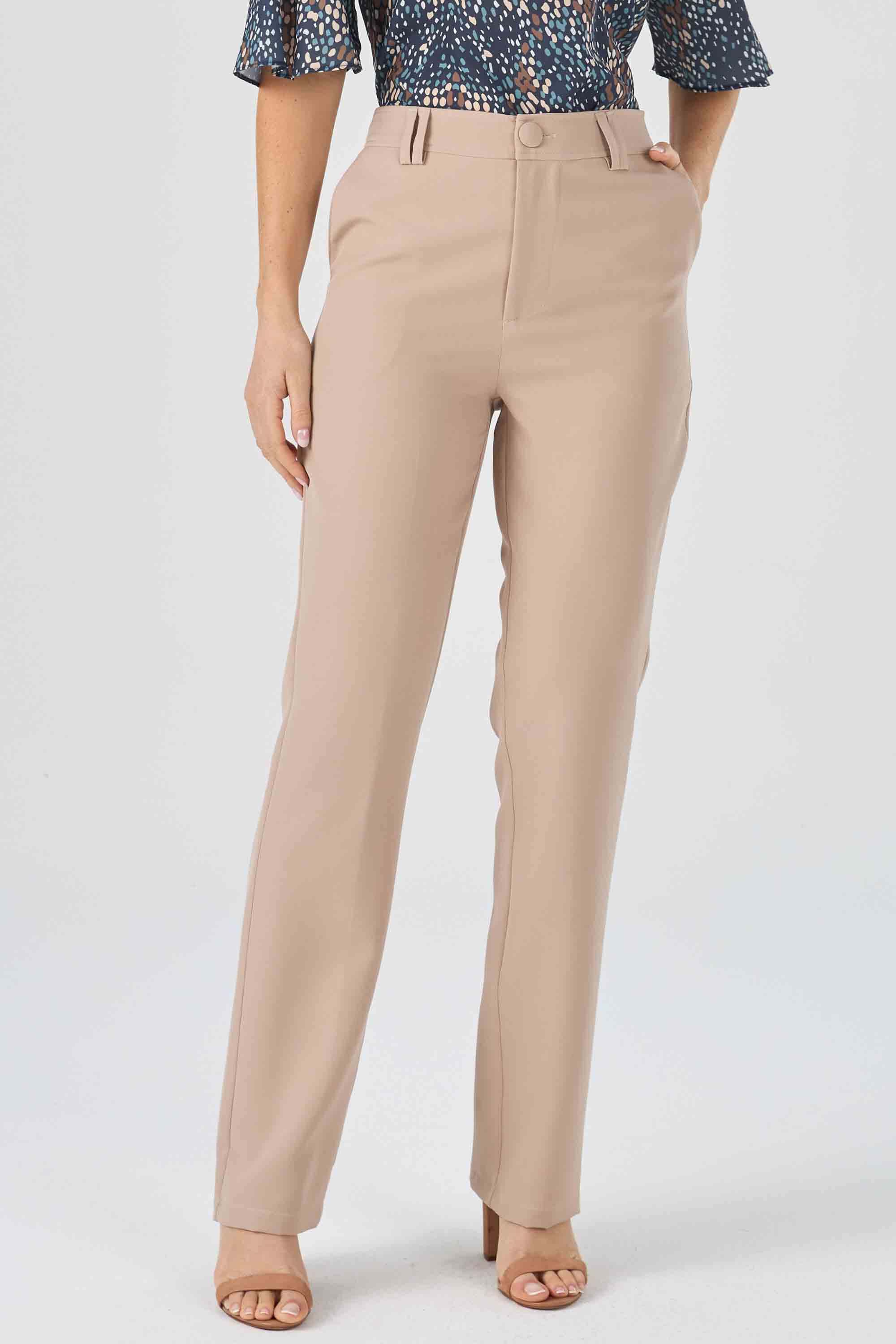 Calça Social Feminina Confortável Alfaiataria Reta Bege