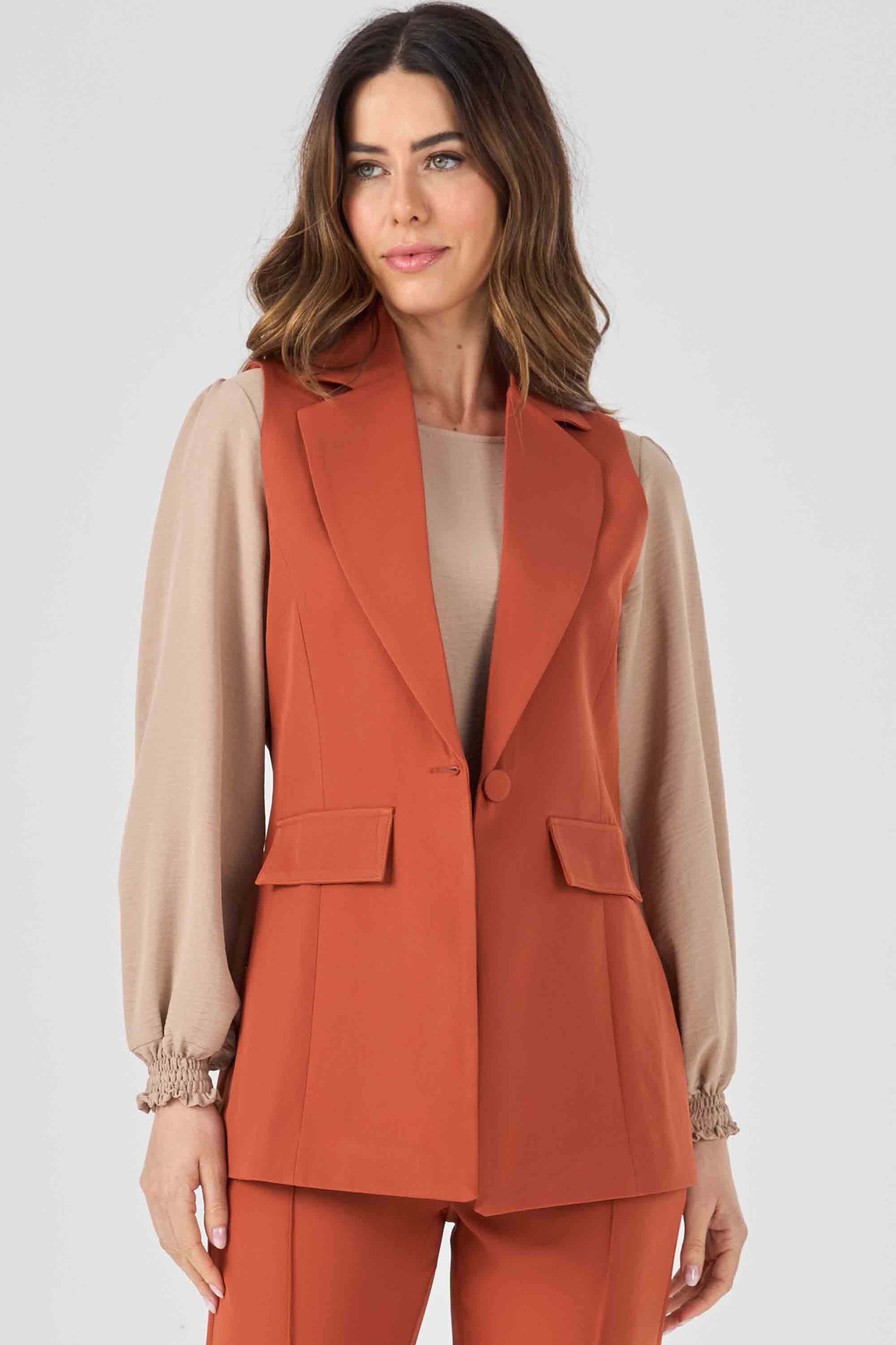Conjunto Feminino Colete Alongado Alfaiataria Feminino Colete Social  Feminino Elegante Alfaiataria Alongado Terracota, image size:2000x3000