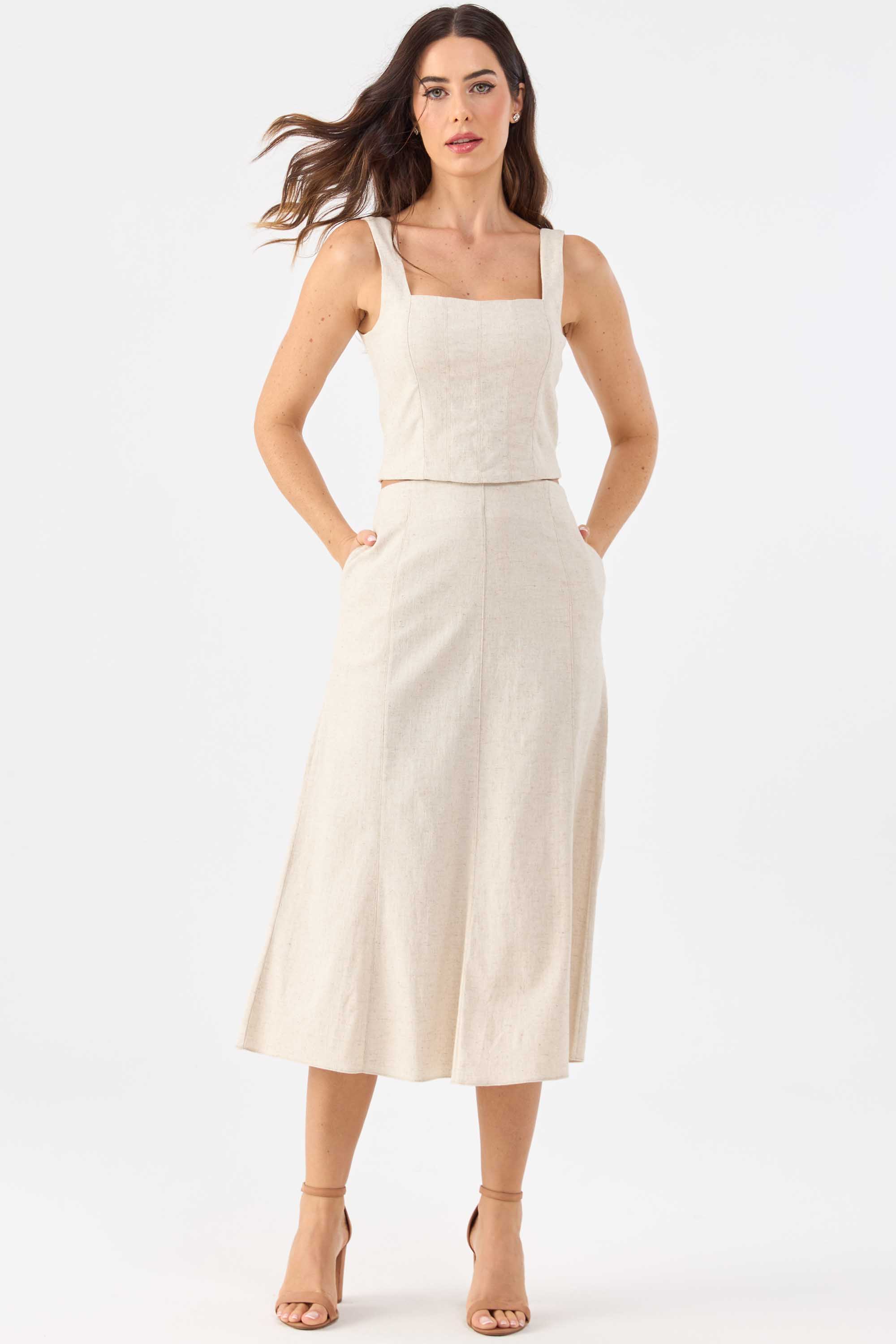 Saia Midi Versátil Moderna Linho Natural
