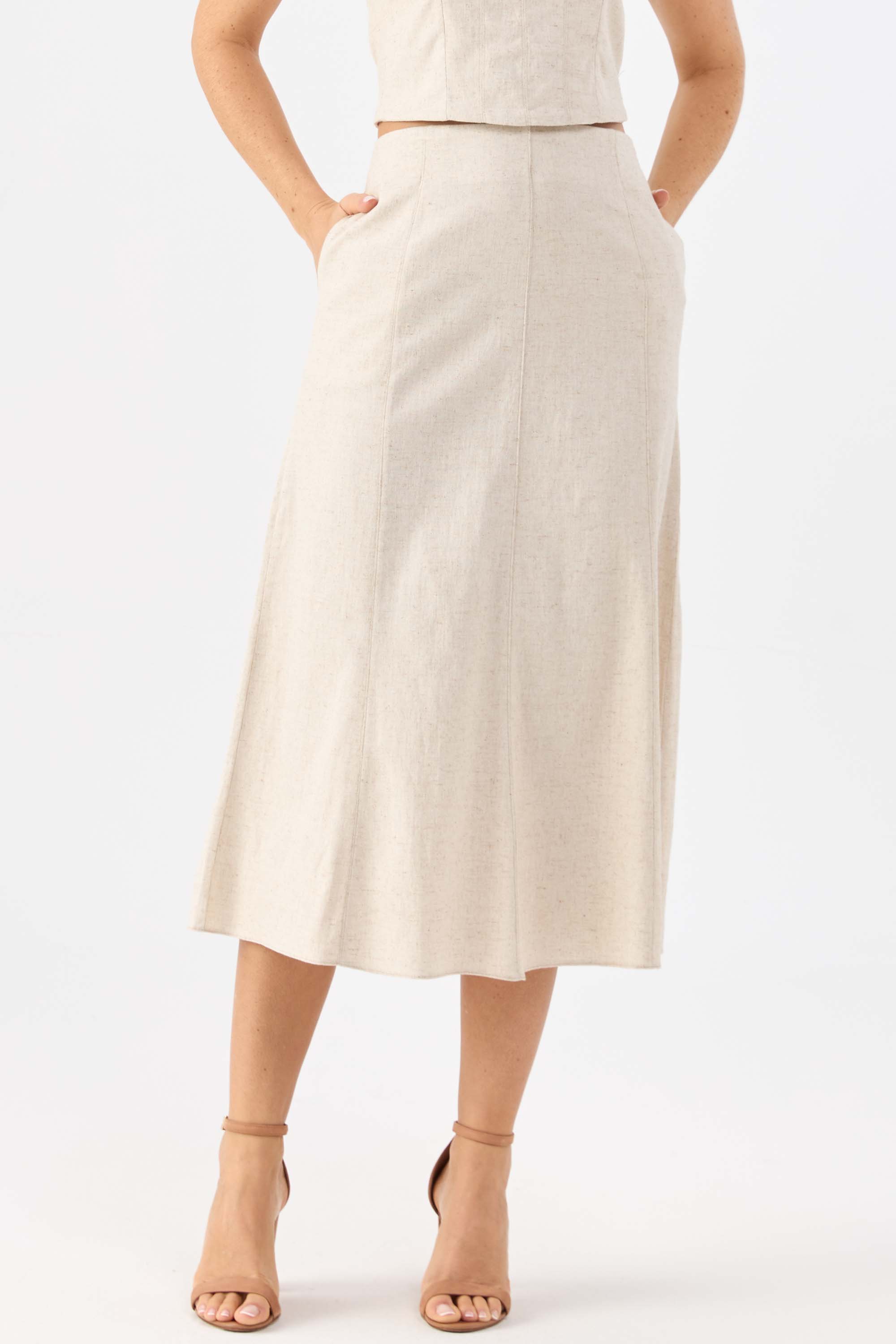 Saia Midi Versátil Moderna Linho Natural