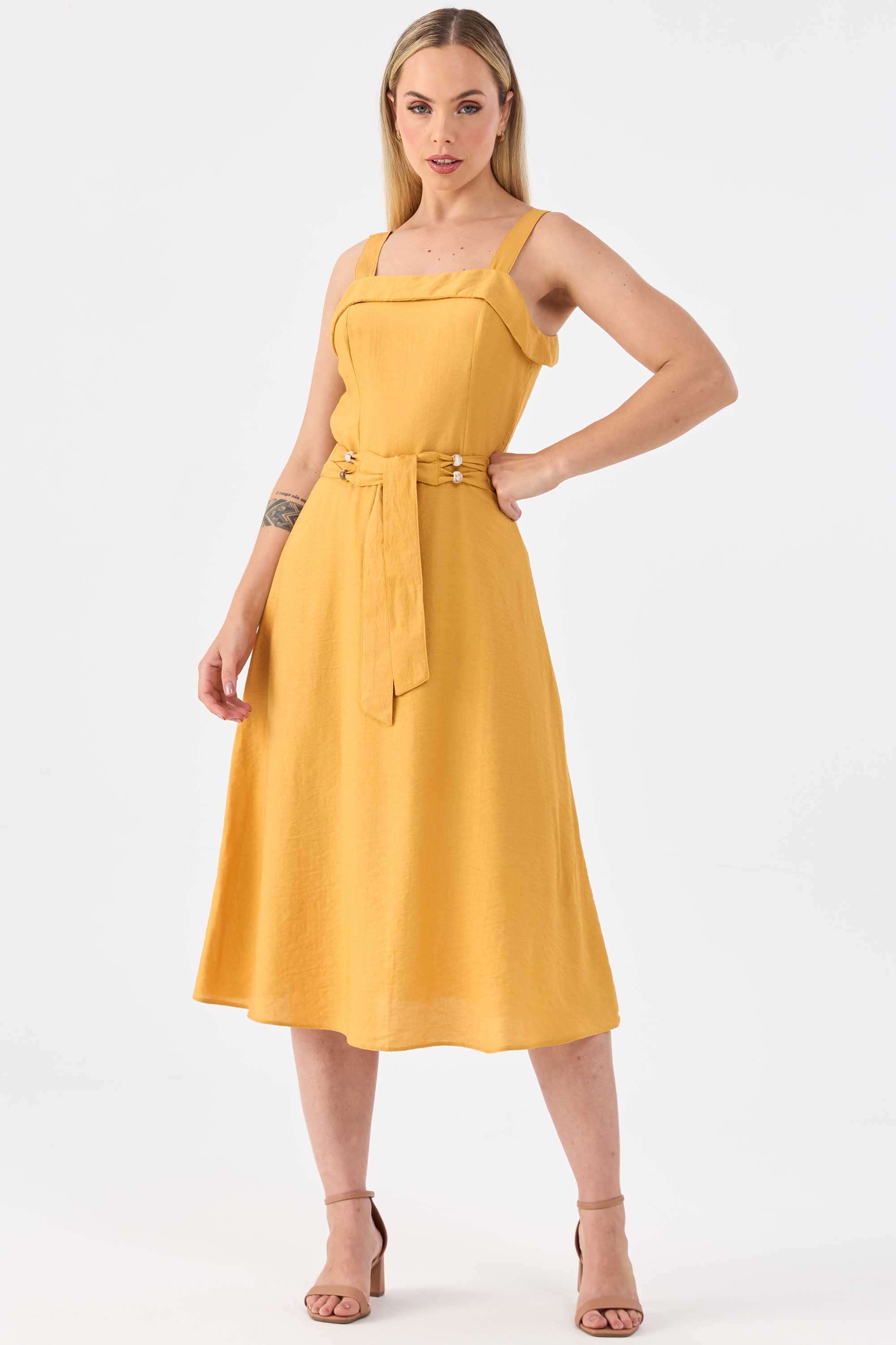 Vestido Midi Viscose Versátil Com Cinto Mostarda