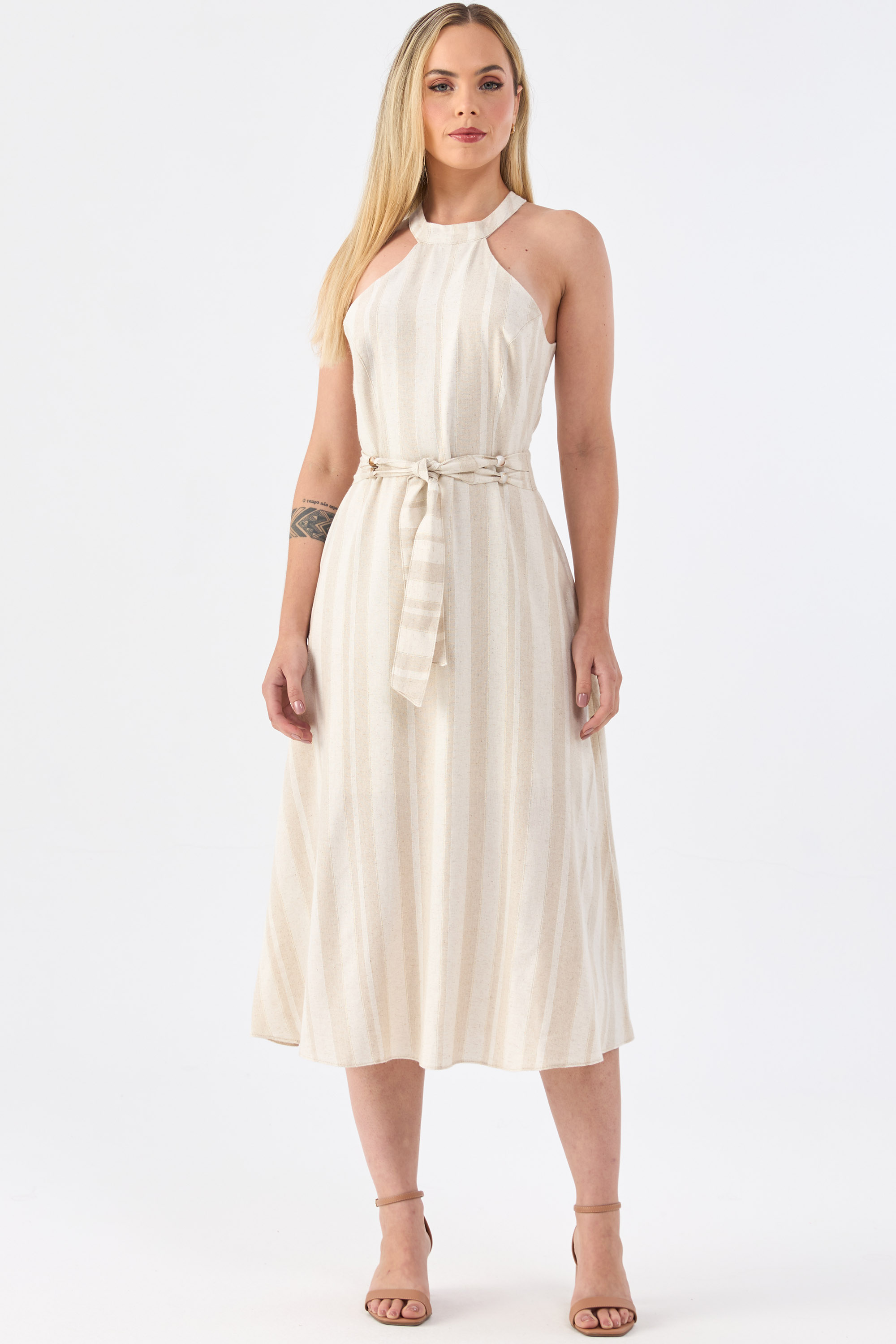 De Linho Vestido Midi Listrado Vestido Midi Versátil Linho Listrado