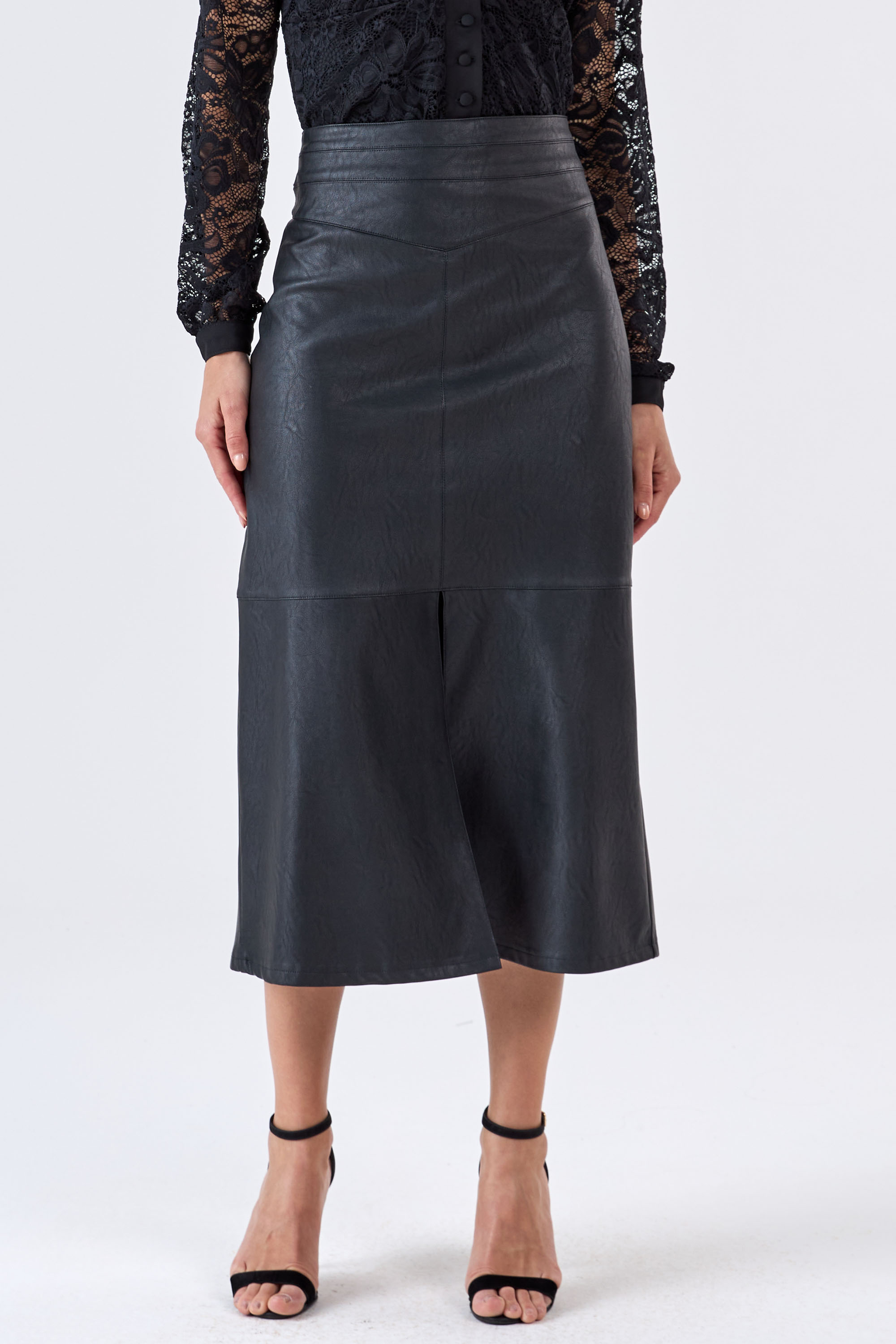 Saia Midi Casual de Couro Sintético Fenda Frontal Preta