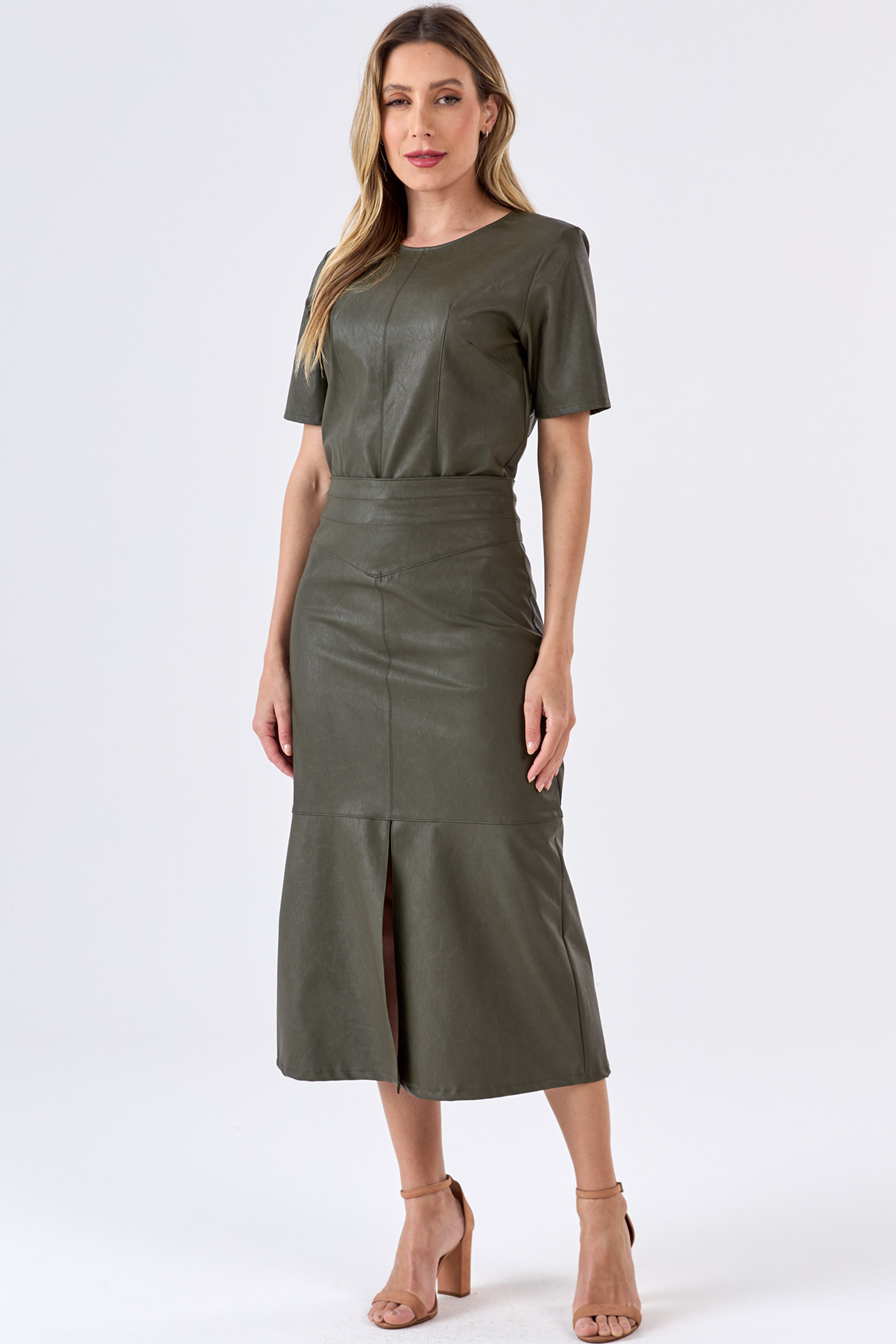Saia Midi Casual de Couro Sintético Fenda Frontal Verde Militar