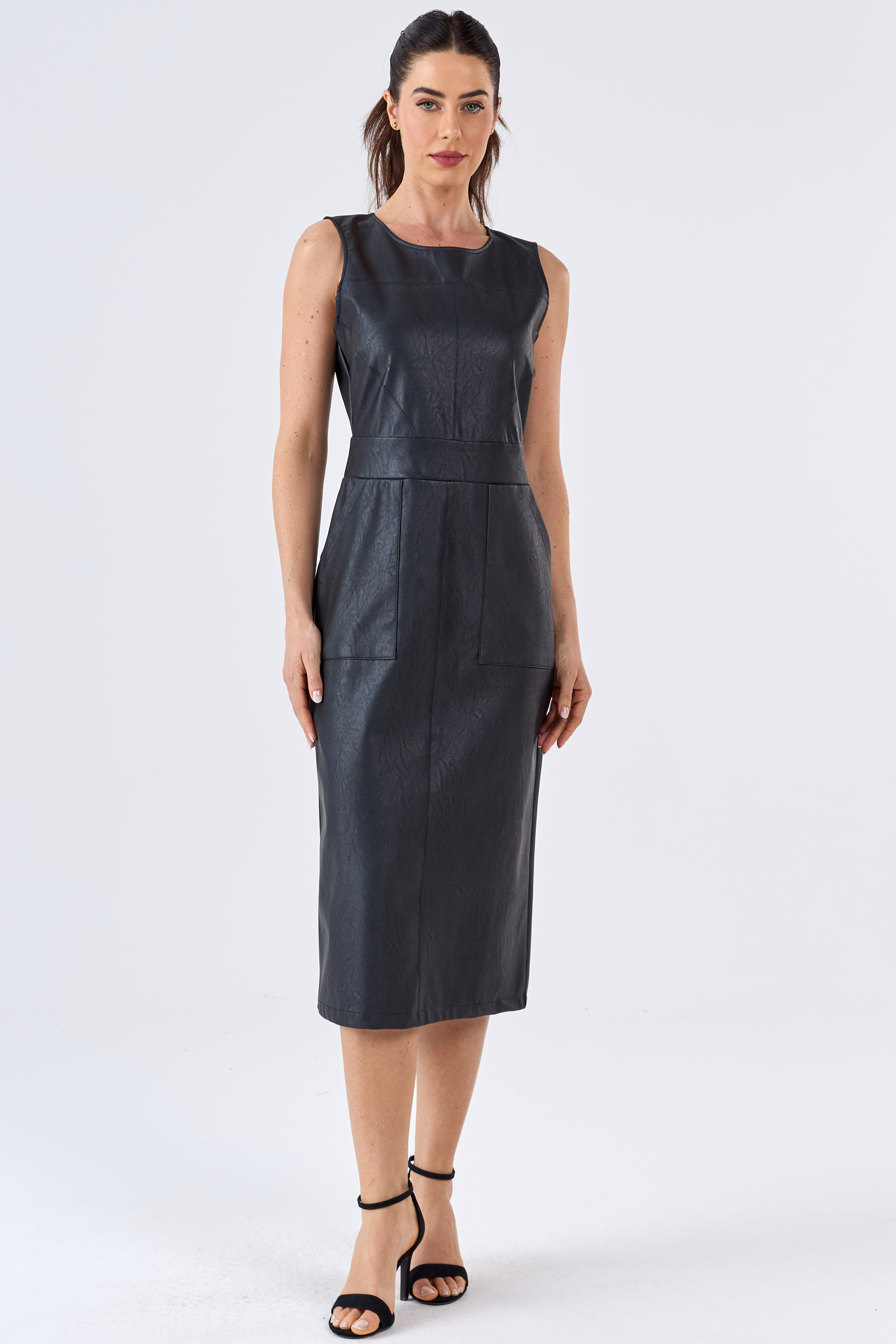 Vestido Midi Versátil Couro Sintético Preto
