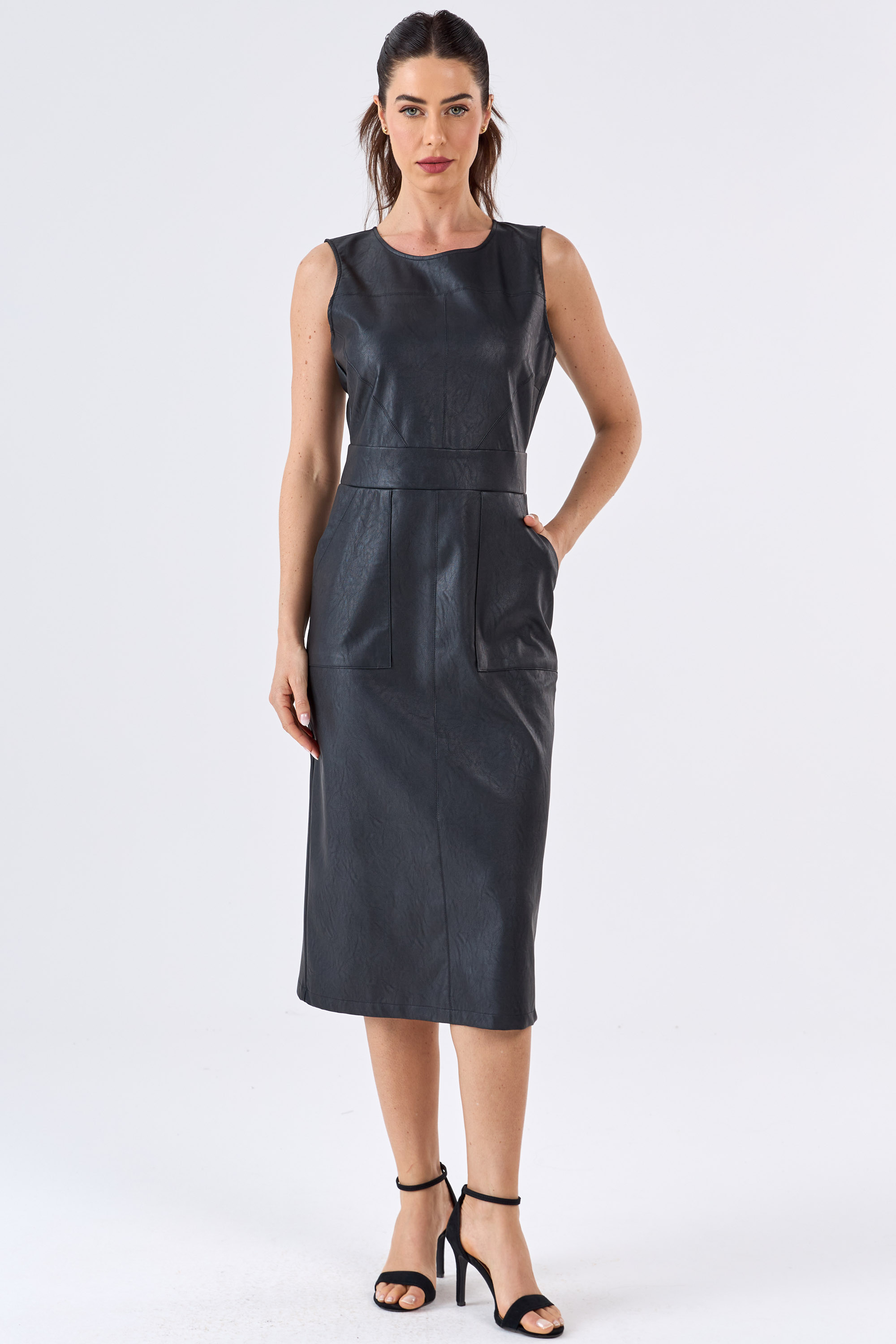 Vestido Midi Versátil Couro Sintético Preto