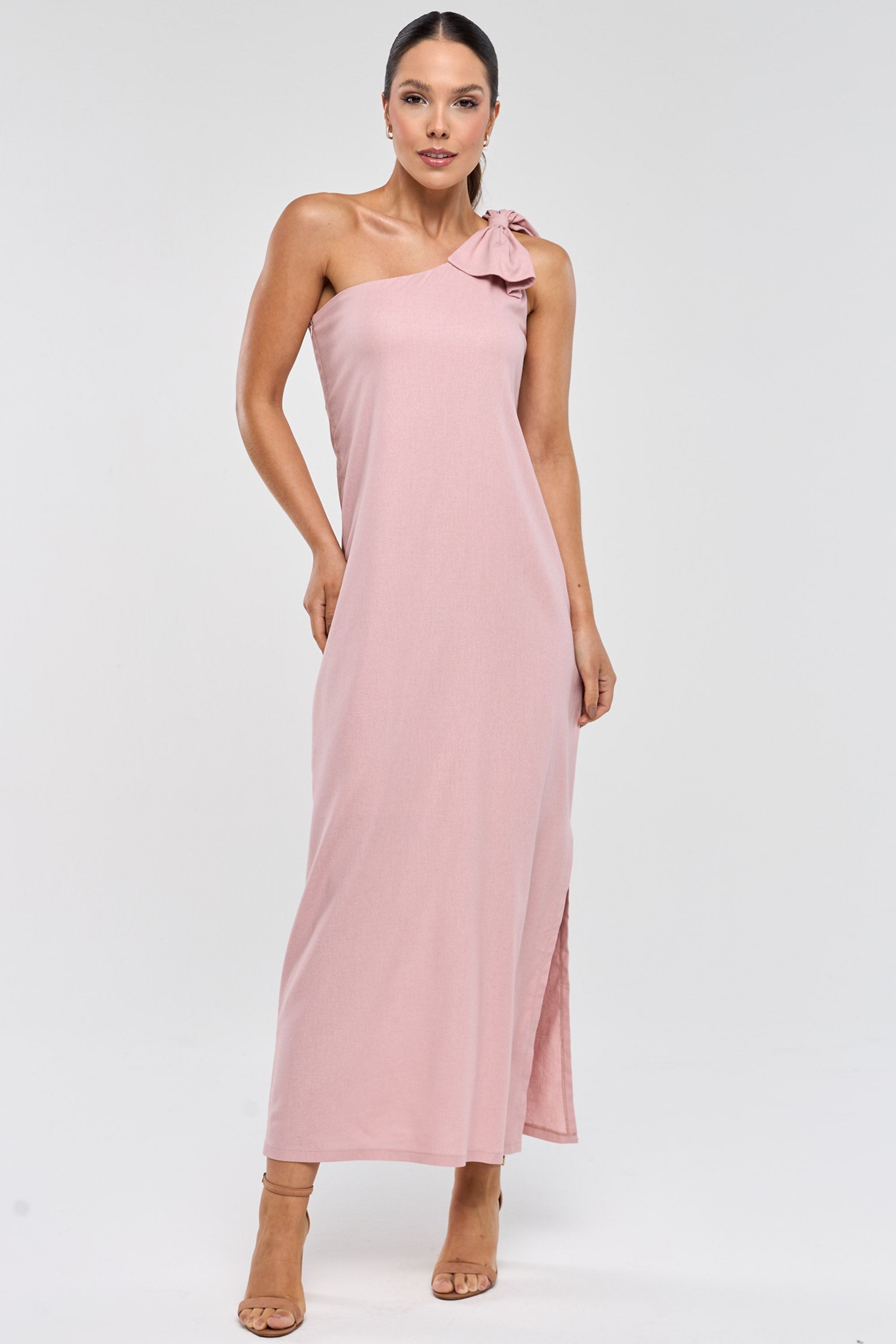 Vestido Midi Sofisticado Um Ombro Só Rose