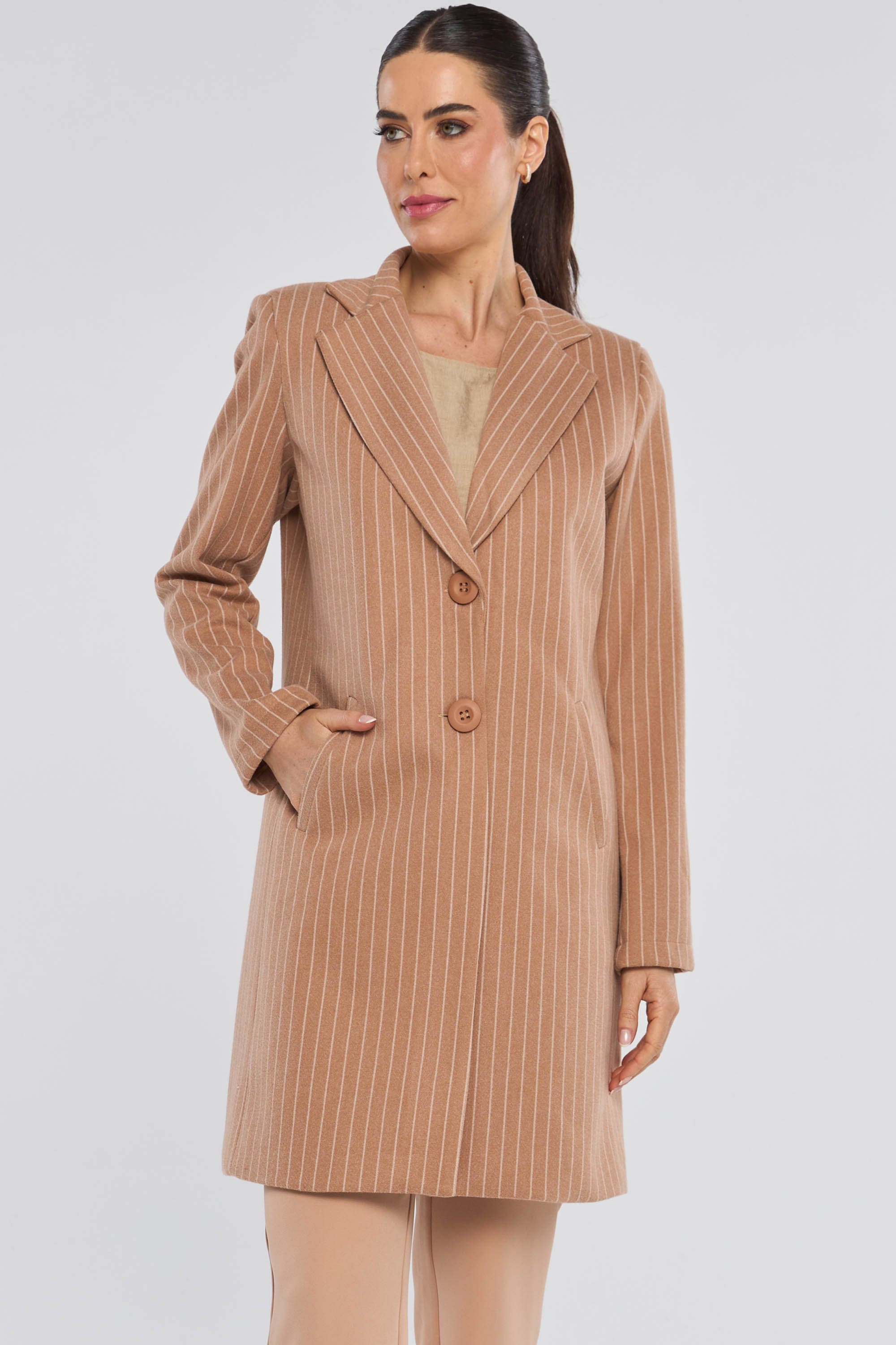 Sobretudo de Lã Batida Elegante Alongado Risca de Giz Bege